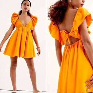 FOR LOVE & LEMONS Clementine Ruffled Tie Back Mini Dress Orange